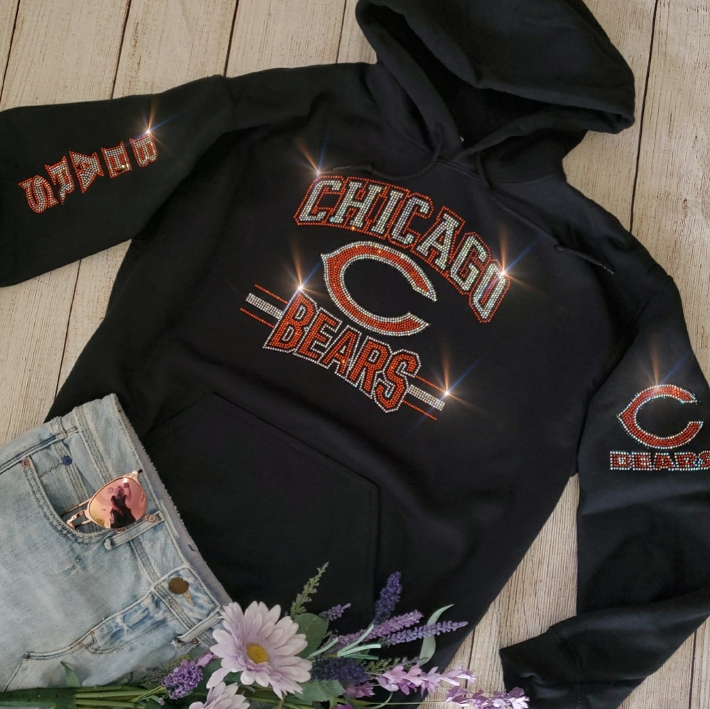 New Chicago Bears Unisex Rhinestone Hoodie Black Sm-XL - Picture 3 of 4